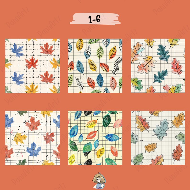 Colorful Leaves on Grid Seamless Pattern, Leaf Digital Paper ...