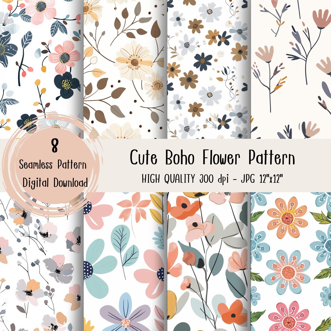 Boho Flower Seamless Pattern, Floral Digital Paper, Paper Print, Gift ...