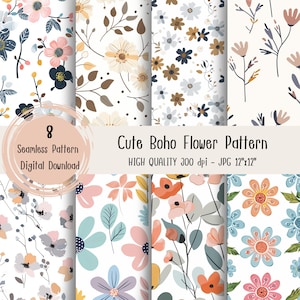 May include: Set of eight digital seamless patterns featuring cute boho flower designs in various colors, including pink, blue, yellow, and green. The patterns are perfect for crafting, scrapbooking, and other creative projects.  8 Seamless Pattern Digital Download.  Cute Boho Flower Pattern. HIGH QUALITY 300 dpi - JPG 12"x12"