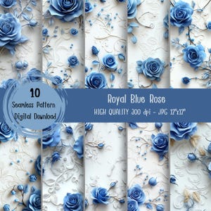 Pode incluir: Dez designs de papel digital com um padrão sem costura de rosas azuis reais sobre um fundo branco. O texto "Royal Blue Rose" e "HIGH QUALITY 300 dpi - JPG 12"x12"" está incluído na imagem.