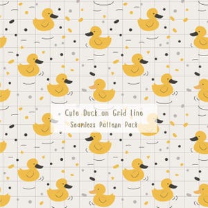 Little Duck Seamless Pattern, Cute Nursery Animal Design, Grid Background