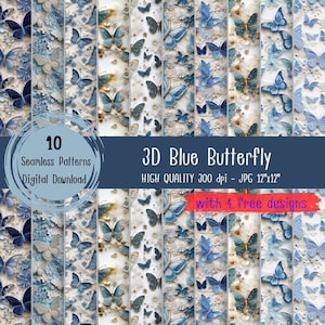 Farfalla blu 3D senza soluzione di continuità, sfondo farfalla, pacchetto di carta digitale, uso commerciale, stampa confezione regalo, carta da parati blu, piastrella con stampa farfalla