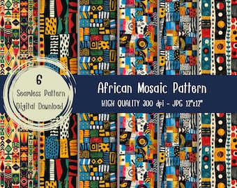 May include: Six digital seamless patterns featuring colorful geometric African mosaic designs. The patterns are in a variety of colors, including red, yellow, blue, green, and black. The patterns are 12 inches by 12 inches and 300 dpi.