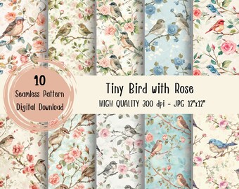 Tiny bird with rose seamless pattern, digital paper, Commercial Use, paper print, gift wrap, spring seamless, fabric printing, small bird