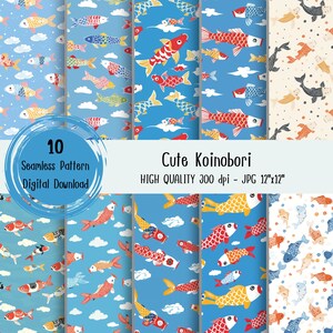 May include: A set of 10 digital seamless patterns featuring cute Koinobori, also known as carp streamers, in various colors and designs. The patterns are perfect for crafting, scrapbooking, and other creative projects.  The text "10 Seamless Pattern Digital Download" and "Cute Koinobori HIGH QUALITY 300 dpi - JPG 12"x12"" is included in the image.