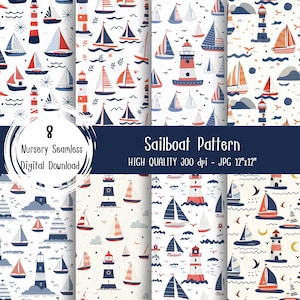 Sailboat seamless pattern, digital paper, Commercial Use, gift wrapping, kid background, nautical pattern, nursery wallpaper