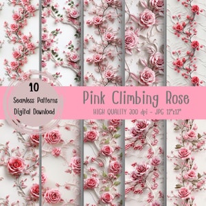 Puede incluir: Diez diseños de papel digital con un patrón de rosa trepadora rosa. El diseño es sin costuras y se repite. Los papeles son de alta calidad, 300 dpi y 30,5 cm por 30,5 cm.