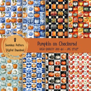 Pumpkin on checkered seamless pattern, autumn fall digital paper, Commercial Use, fabric print, fall background, fall checkered background