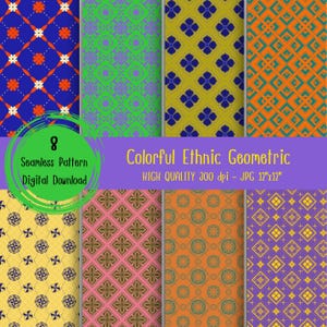 Könnte beinhalten: Acht digitale Papiermuster mit bunten geometrischen Designs. Die Muster sind nahtlos und zeigen verschiedene Farben, darunter Blau, Grün, Gelb, Orange, Pink und Lila.