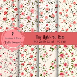 May include: Set of 8 digital seamless patterns featuring tiny light red roses on a white background.  Each pattern is 12 inches by 12 inches and 300 dpi.