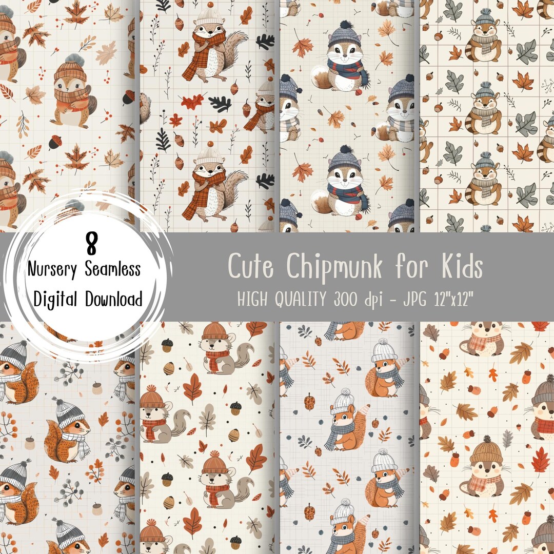 Cute Chipmunk Cartoon for Kid Seamless Pattern, Wild Animal Digital ...