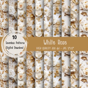 May include: Ten digital paper patterns featuring white roses and gold leaves on a white background.  The text "10 Seamless Patterns Digital Download" and "White Rose HIGH QUALITY 300 dpi - JPG 12"x12"" is displayed on a brown banner.