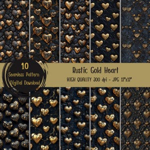 3D Rustic Gold Heart seamless pattern on black background, valentine digital paper, heart repeat pattern, commercial use, gothic heart print