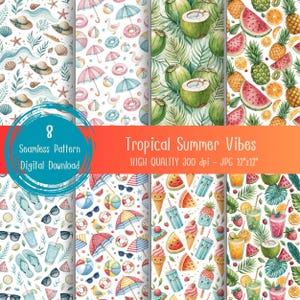 May include: Eight seamless digital patterns with a tropical summer theme. Designs include beach elements like hats, seashells, umbrellas, and beach balls, along with coconuts, watermelon, and ice cream. The image text reads "Tropical Summer Vibes" and "12"x12""