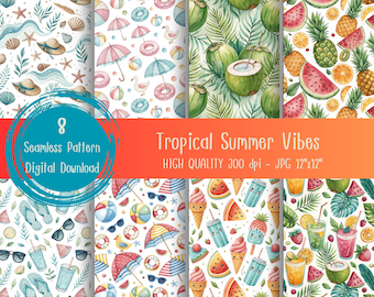 Tropical Summer Vibes Seamless Pattern Bundle with Watermelon Juice Coconut Fruit Beach Clipart for Sublimation Scrapbooking Design