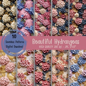 Puede incluir: Diez patrones digitales sin costuras con hortensias en tonos azules, rosas y blancos. Los patrones son de alta calidad, 300 ppp y 30,5 cm por 30,5 cm.