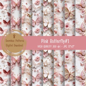 Rosa fjärils sömlöst mönster, digitalt papper, 3D-pappersomslag, kommersiellt bruk, lyxmönster, insektsmönster, tygtryck, malmönster