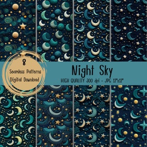 Night Sky print, Sky Seamless, Digital Paper Pack, Commercial Use, Gift Wrapping, boho moon print seamless, Moon phase wallpaper, celestial