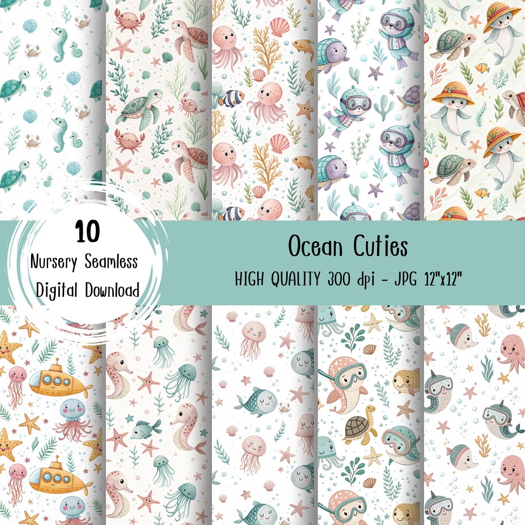 Cute Ocean Animal Seamless Pattern Pack, Underwater Sea Life Digital ...