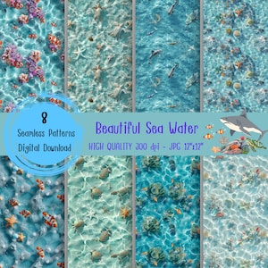 May include: Eight seamless digital patterns featuring underwater scenes with various sea creatures, including clownfish, sea turtles, starfish, and sharks. The patterns are high quality, 300 dpi, and 12 inches by 12 inches.