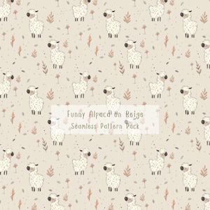Motivo senza cuciture in alpaca, stampa beige per cameretta dei bambini (download digitale), motivo animale, ripetizione di cartoni animati morbidi