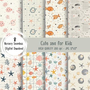 May include: Set of eight digital seamless patterns featuring cute sea creatures and objects. The patterns include starfish, seashells, coral, fish, and sea urchins. The patterns are in a light blue, pink, yellow, and orange color scheme. The patterns are perfect for creating children's clothing, home decor, and other crafts.