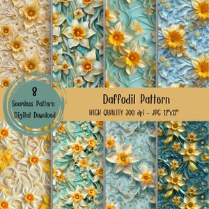 Peut inclure: Huit motifs numériques sans couture représentant un motif de fleurs de jonquilles. Les motifs sont dans des tons de jaune, blanc et bleu avec un effet 3D. Le texte "Daffodil Pattern" et "HIGH QUALITY 300 dpi - JPG 12"x12"" est inclus dans l'image.