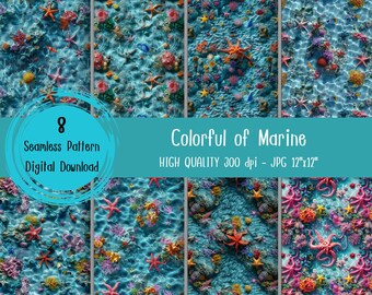 Ocean Seamless Pattern Digital Paper Pack, Colorful Underwater Marine Life Backgrounds for Summer Scrapbooking Fabric Sublimation Art