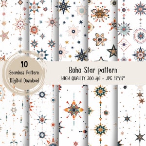 May include: Set of 10 digital seamless patterns featuring boho style stars in various colours and designs. The patterns are perfect for creating backgrounds, wrapping paper, fabric, and more.
