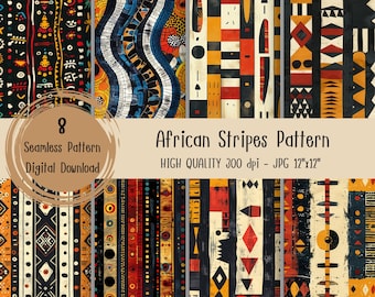May include: Eight digital seamless patterns featuring African-inspired geometric stripes in black, white, red, yellow, and blue. The patterns are 12 inches by 12 inches and 300 dpi.