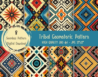 May include: Set of eight digital seamless patterns featuring tribal geometric designs in bright colors, including red, yellow, blue, black, and white. The patterns are 12 inches by 12 inches and 300 dpi.