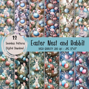 May include: Twelve digital seamless patterns featuring watercolour illustrations of Easter nests, eggs, and bunnies. The patterns are in shades of blue, pink, green, and white. The text "12 Seamless Patterns Digital Download" and "Easter Nest and Rabbit HIGH QUALITY 300 dpi - JPG 12"x12"" is included in the image.
