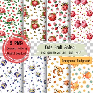 May include: Eight seamless digital patterns featuring cute animal illustrations with fruit themes. The patterns include a watermelon turtle, an owl with apples, a ladybug with strawberries, a bird with cherries, a bee with blueberries, a turtle with pumpkins, a fish with oranges, and a bee with blueberries.