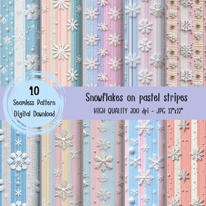 Peut inclure: Dix papiers numériques avec des flocons de neige sur des rayures pastel. Les motifs sont sans couture et parfaits pour les projets d'artisanat.