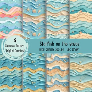 Könnte beinhalten: Acht nahtlose digitale Papiermuster mit Seesternen, Muscheln und Wellen in Blautönen, Gelb und Rosa. Die Muster sind 30,5 cm x 30,5 cm groß und haben eine Auflösung von 300 dpi.