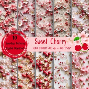 May include: Ten digital seamless patterns featuring cherry blossoms and red cherries on a white background. The text "Sweet Cherry" and "HIGH QUALITY 300 dpi - JPG 12"x12"" is included in the image.