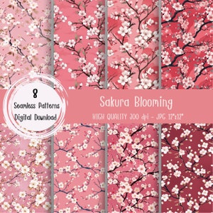 Op de afbeelding: Acht naadloze digitale patronen met roze en witte kersenbloesems. De patronen zijn perfect voor knutsel-, scrapbook- en digitale ontwerp projecten. De tekst "Sakura Blooming" en "High Quality 300 dpi - JPG 12"x12"" is in de afbeelding opgenomen.