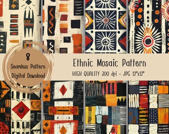 May include: Eight seamless digital download patterns featuring geometric shapes in a mosaic style. The patterns are in shades of black, white, red, orange, yellow, and blue.