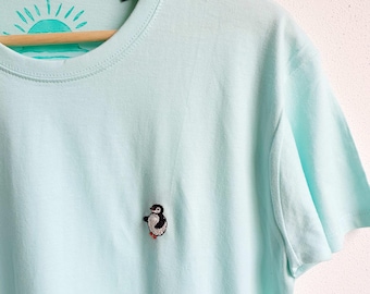 Hand embroidered organic cotton T-shirt - unisex T-shirt with handmade embroidery of unique penguin design