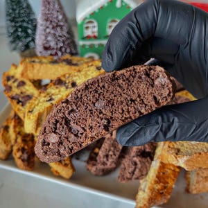 May include: A close-up of a chocolate biscotti being held by a gloved hand. The biscotti is broken in half, revealing the chocolate chips inside. There are other biscotti in the background, some are chocolate and some are plain.