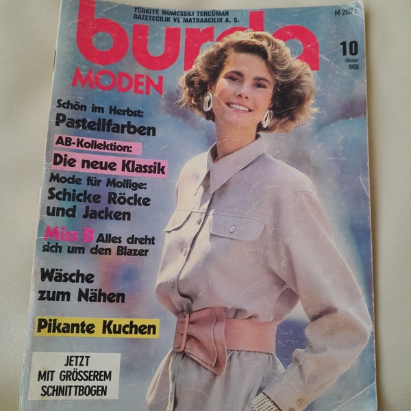 Burda Moden 1988/10 Mit Anleitung, Wirklich Vintage Mode Magazin,Schnittmuster Bogen,Schnittmuster Buch,Muster Anleitung,alte Zeitschrift