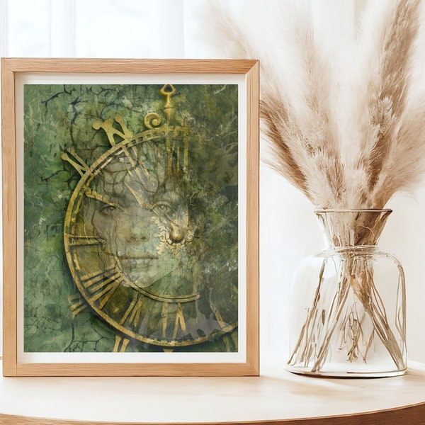 Mossy Clock: Time Trapped Soul Wall Art -Moss Wall Art -Botanical Wall Art- Nature Wall Decoration - Digital Download - Instant Download