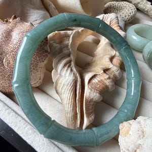 May include: A smooth, translucent, light green jade bangle bracelet carved with a segmented bamboo-like design. The circular bangle features a polished finish with subtle variations in color and texture throughout the stone material.