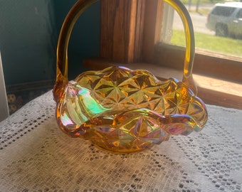 Vintage Indiana Glass Monticello Yellow Mist  Carnival Glass Basket With Handle