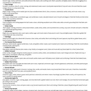May include: A white informational sheet featuring a list of scent descriptions for various candles or fragrances, including Cozy Cashmere, Cozy Cottage, Cracklin Birch, Creme Brulee, Eucalyptus Forest, Ember Suede, Fall Harvest, and Fall Magic.
