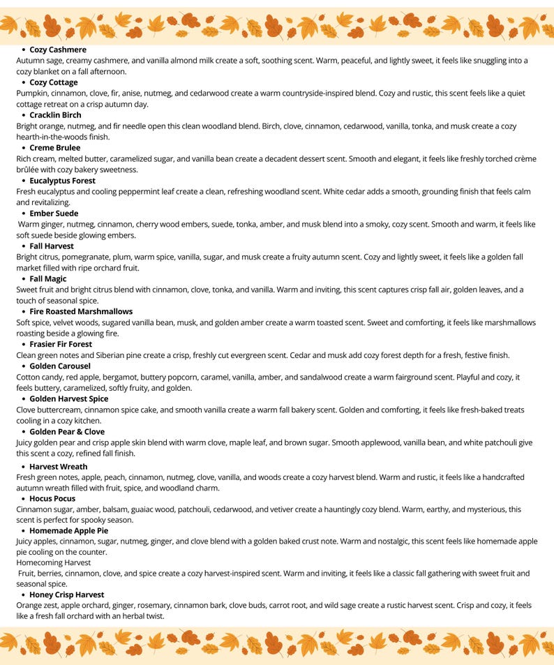 May include: A white informational sheet featuring a list of scent descriptions for various candles or fragrances, including Cozy Cashmere, Cozy Cottage, Cracklin Birch, Creme Brulee, Eucalyptus Forest, Ember Suede, Fall Harvest, and Fall Magic.