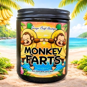 Sojawaskaars Monkey Farts | Fruitige tropische banaangeur | Sterk geurend | Minimalistisch of geïllustreerd | Niet-giftige huisgeur