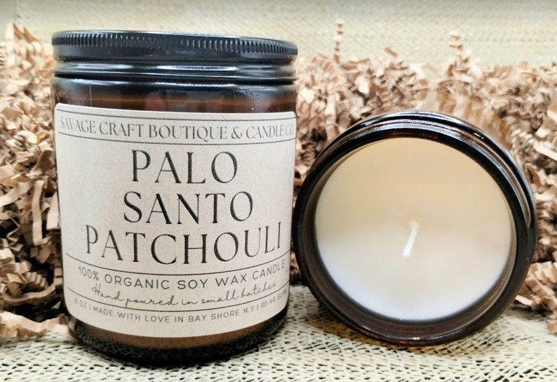 Palo Santo Patchouli, Allnatural Soy Candle, Amber Jarred, Hand Poured