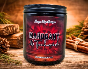 Mahogany & Teakwood Soy Wax Candle | Warm Masculine Wood Scent | Strong Scented | Minimalist or Illustrated | Non-Toxic Home Fragrance
