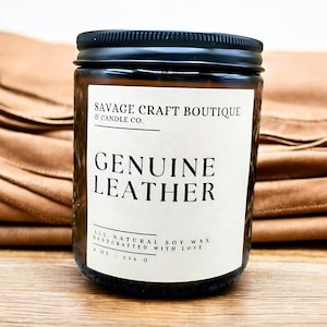 Genuine Leather Scented All-Natural Soy Wax Candle, Hand Poured, Homemade, Strong Scented, Toxic-Free, Dye-less, Gift Ideas